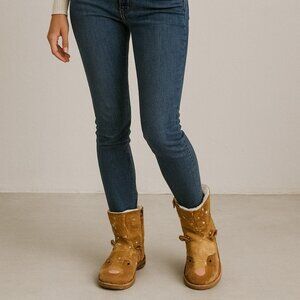 Mini Boden Real Fur Deer Boots Brown Real Fur Lined Ankle Zip Winter Shoes Siz39